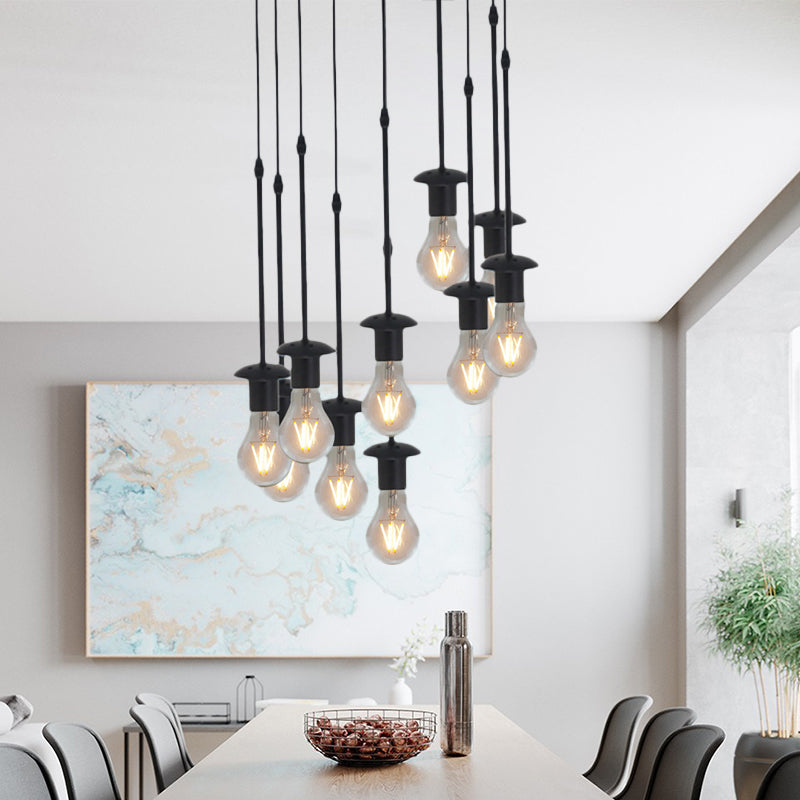 Iron Exposed Bulb Drapes Ceiling Light Loft Pendant Lighting - Black 5/10 Heads Bistro Multi