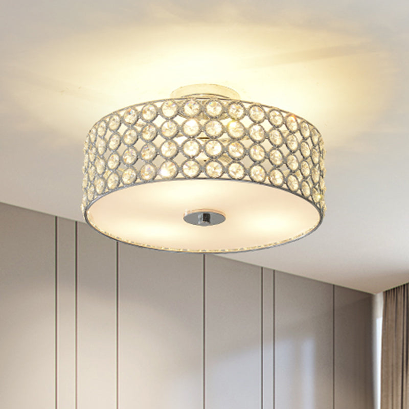 Contemporary Crystal Drum Ceiling Flush Light - 3-Light White Bedroom Mount Lamp