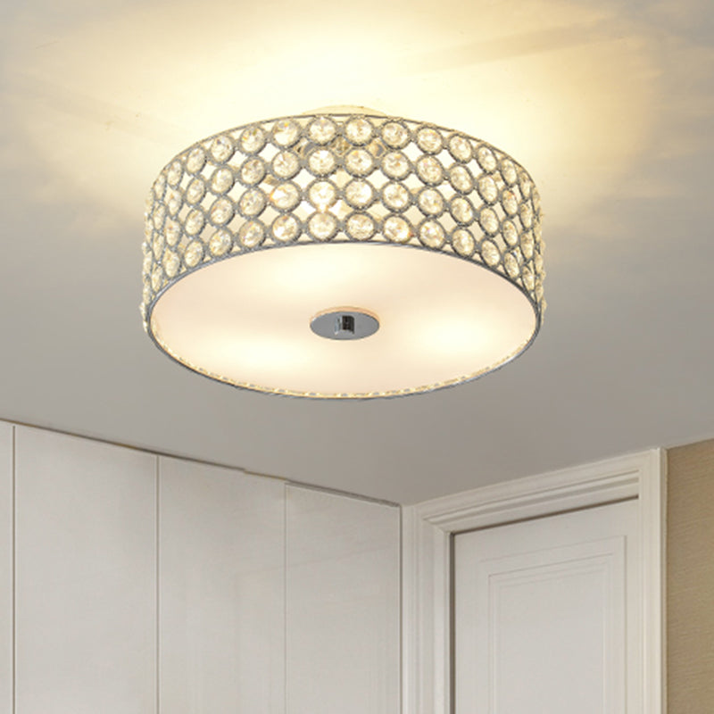 Contemporary Crystal Drum Ceiling Flush Light - 3 - Light White Bedroom Mount Lamp