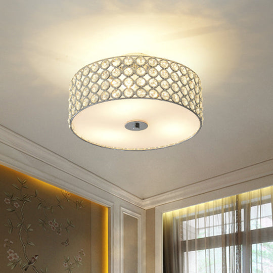 Contemporary Crystal Drum Ceiling Flush Light - 3-Light White Bedroom Mount Lamp