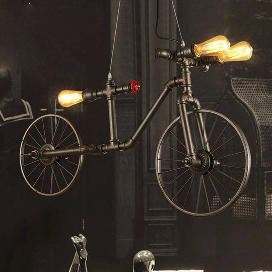 Antique Bronze Bicycle Pendant Lighting - 3-Light Indoor Ceiling Fixture With Pipe Design