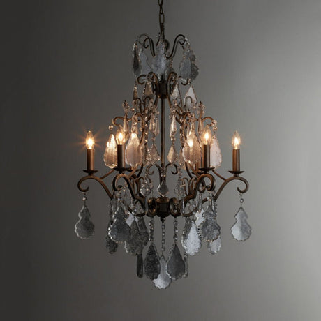 Rural Rust Metal Candlestick Chandelier With Swirl Arm Design & Dangling K9 Crystal Accents - 6