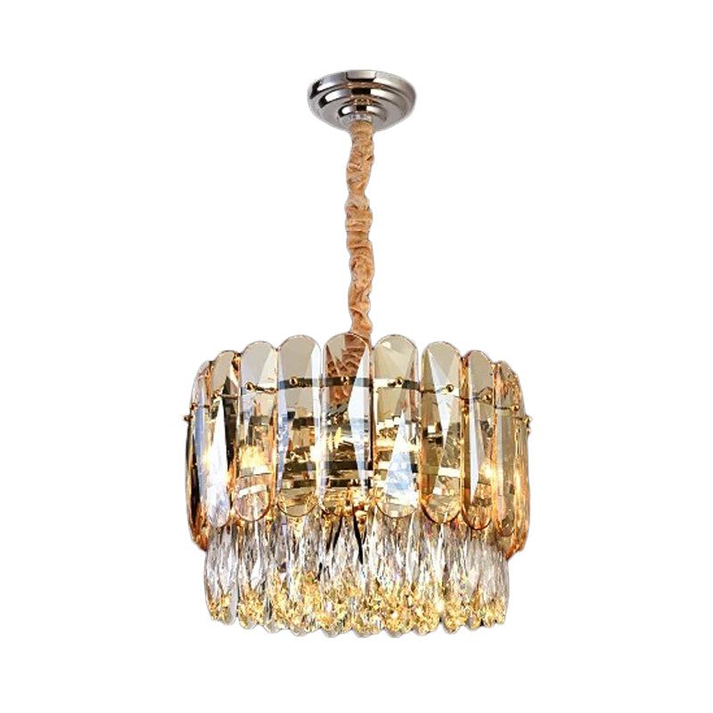 Gold K9 Crystal 6-Bulb Chandelier - Modern Drum Shape 2-Tier Ceiling Light