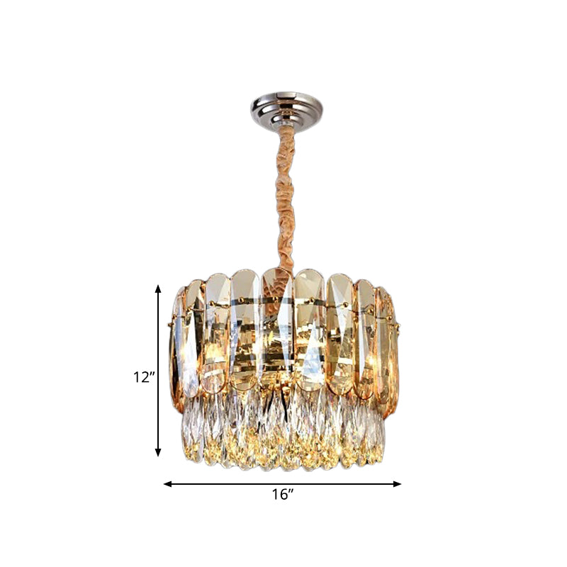 Gold K9 Crystal 6-Bulb Chandelier - Modern Drum Shape 2-Tier Ceiling Light