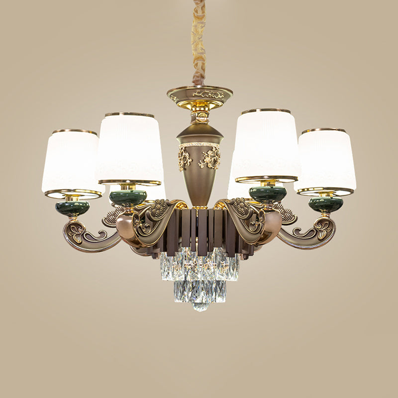 Traditional Tapered Opal Glass Chandelier With 6 Heads - Brown Dining Room Pendant Light Featuring