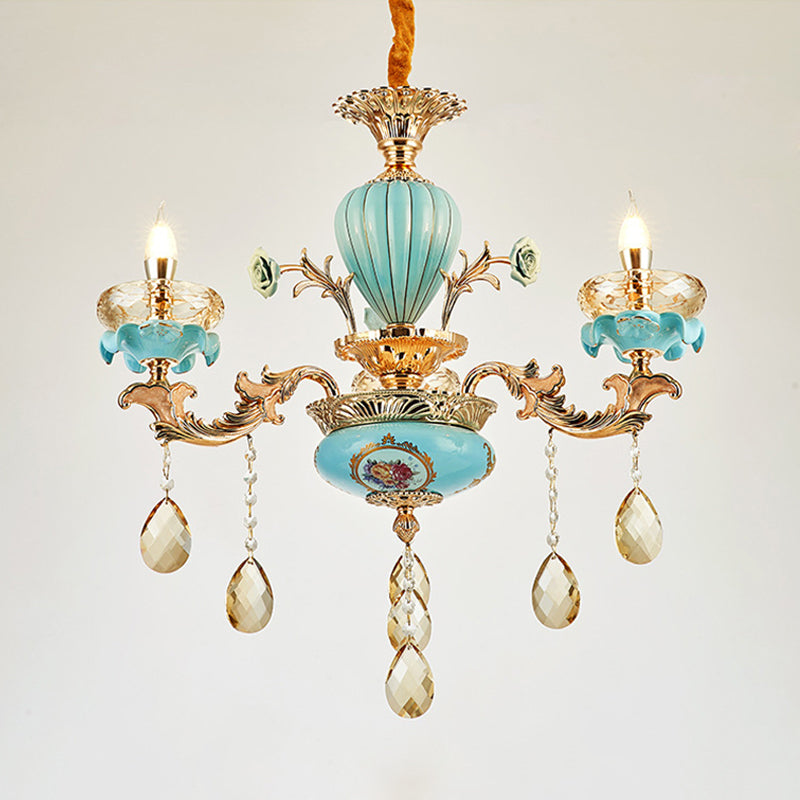 Moroccan Gold-Blue Ceramic Hanging Chandelier With K9 Crystal Drop - 3/6 Bulb Candelabrum Lamp