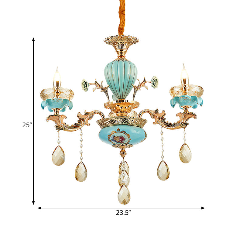 Moroccan Gold-Blue Ceramic Hanging Chandelier With K9 Crystal Drop - 3/6 Bulb Candelabrum Lamp