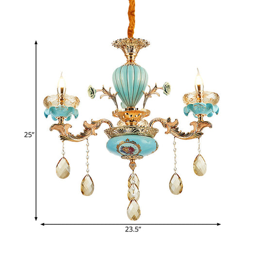 Moroccan Gold-Blue Ceramic Hanging Chandelier With K9 Crystal Drop - 3/6 Bulb Candelabrum Lamp