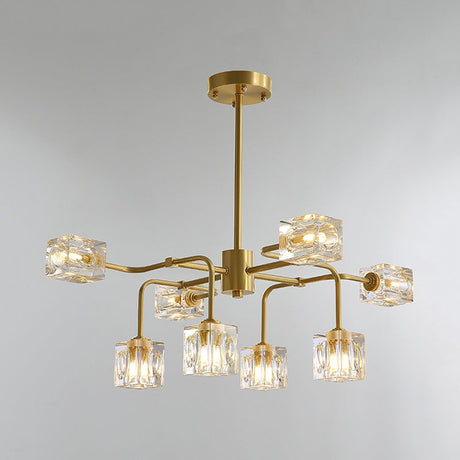 Modern Crystal Cube Gold Chandelier Lamp - 8 Bulb Suspension Pendant