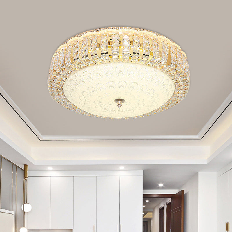Minimalist Led Crystal Ceiling Light For Hotels - Frosted Flower Glass Shade Gold Finish