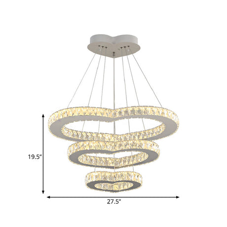Modern 3-Tier Chrome Chandelier With Crystal Heart Accents And Led Lights