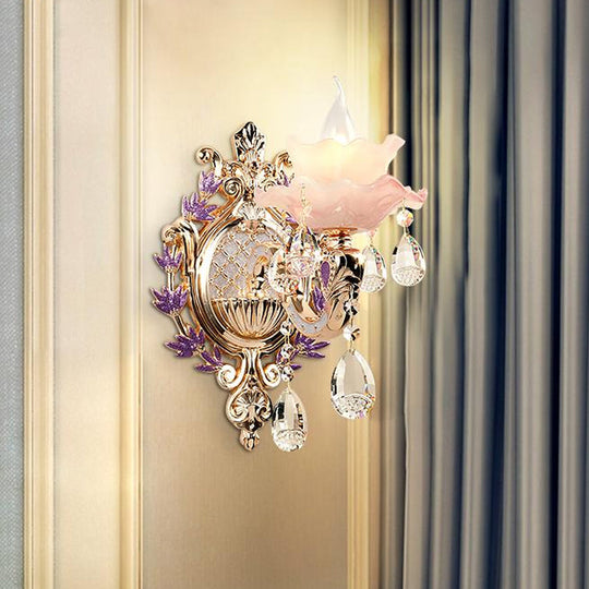 Ruffle Purple Glass Sconce Lamp - Countryside 1/2-Light Wall Mount Lighting With K9 Crystal Drop 1 /