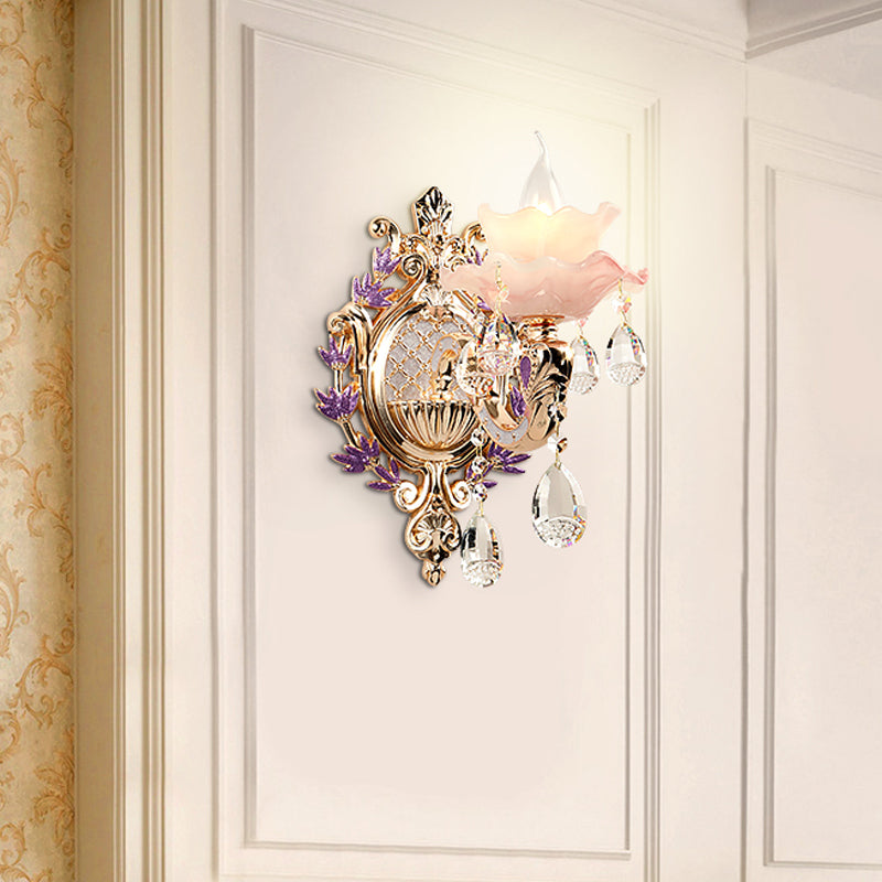 Ruffle Purple Glass Sconce Lamp - Countryside 1/2-Light Wall Mount Lighting With K9 Crystal Drop