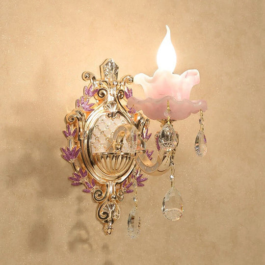 Ruffle Purple Glass Sconce Lamp - Countryside 1/2-Light Wall Mount Lighting With K9 Crystal Drop