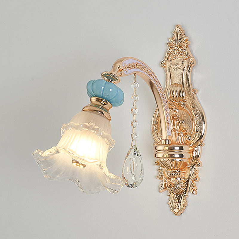 Retro Gold 1/2-Head Flower Wall Light With Opal Matte Glass - Mounted Fixture