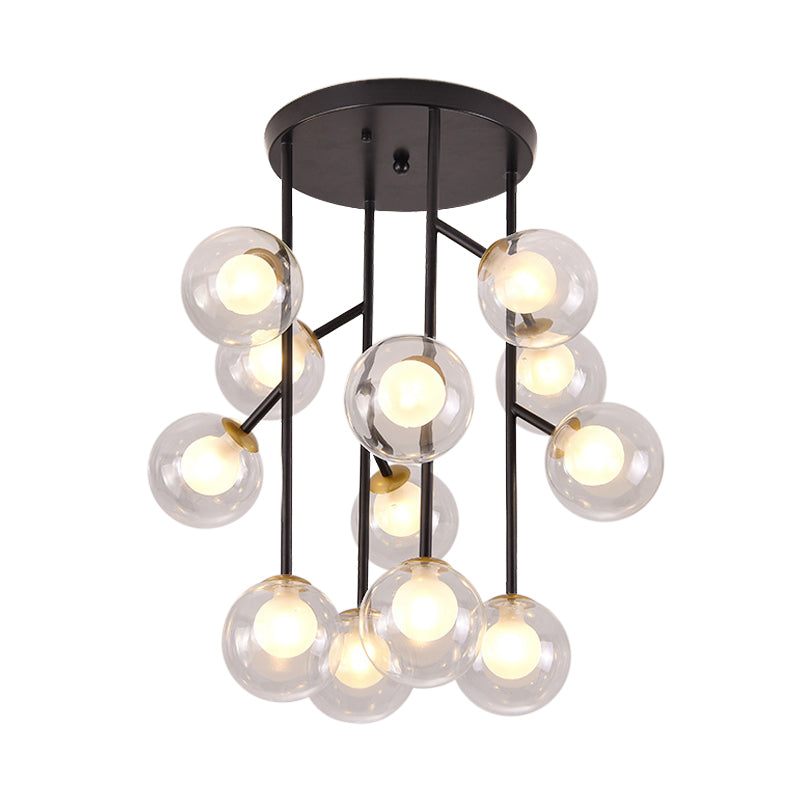 Modern Ball Semi - Mount Clear Glass Ceiling Lamp With Black/Gold Finish - 9/12 Heads Ideal For