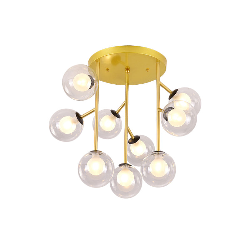 Modern Ball Semi - Mount Clear Glass Ceiling Lamp With Black/Gold Finish - 9/12 Heads Ideal For