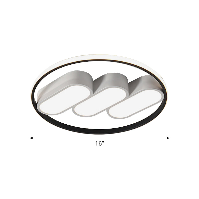 Modern Round Flush Led Bedroom Lamp In White - Black: Metallic Lighting Fixture