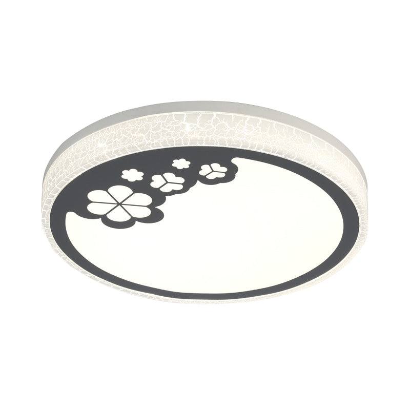 Leaf Pattern Modernist Round Led Flushmount Light In White & Black For Bedroom