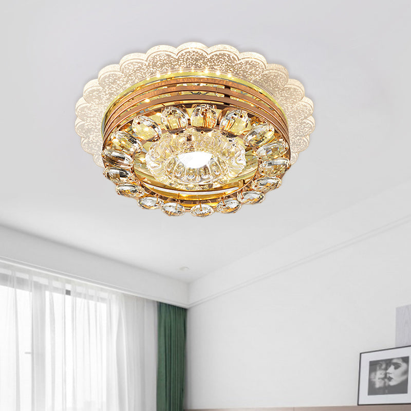 Crystal Drop Gold Flushmount Light With Led Scalloped Edge & Metal Round Design - Minimalist Ceiling