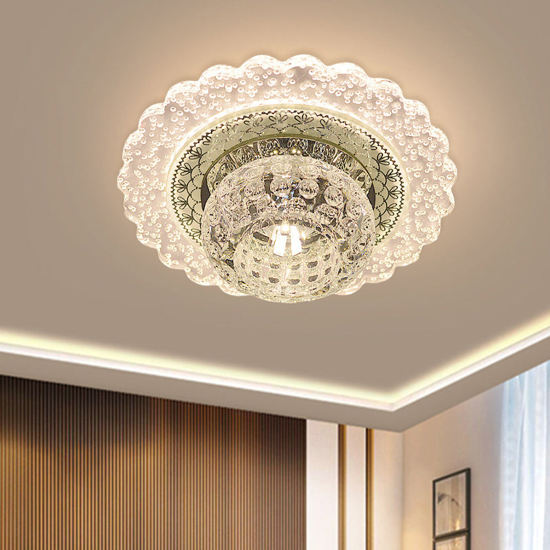 Modern Led Flush Mount Light With Clear Crystal Dome And Ruffle Edge In Warm/White For Corridors /