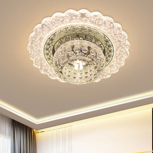Modern Led Flush Mount Light With Clear Crystal Dome And Ruffle Edge In Warm/White For Corridors