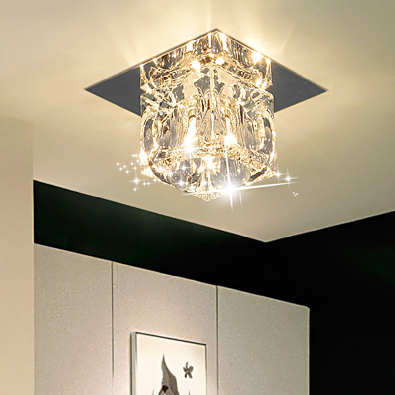 Crystal Flush Mount Led Ceiling Lamp With Beveled Square Design Chrome Finish - Warm/White Light /