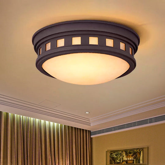 Rustic Metal Drum Flush Mount Ceiling Light With Opal Glass – Bronze/Gold Outdoor Porch Lighting