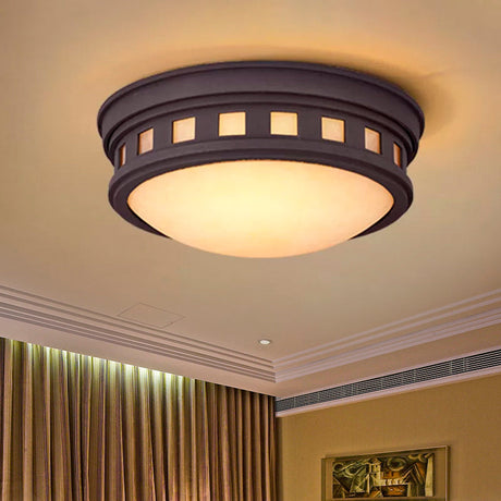 Rustic Metal Drum Flush Mount Ceiling Light With Opal Glass Bronze/Gold Outdoor Porch Lighting