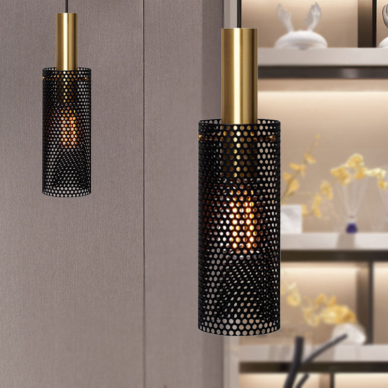 Hollow Metal Cylinder Hanging Lamp: Sleek Black/White Mini Pendant With 1 Light Black