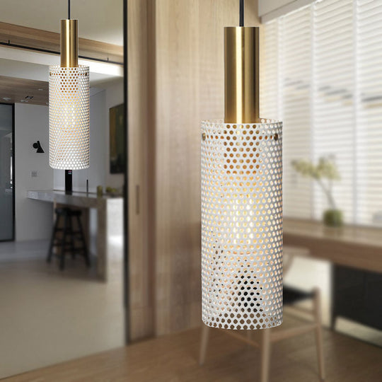 Hollow Metal Cylinder Hanging Lamp: Sleek Black/White Mini Pendant With 1 Light White