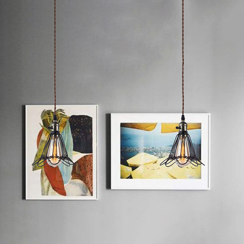 Industrial Black Metal Pendant Lighting With Open Cage Design - Rustic 1 Bulb Hanging Light For