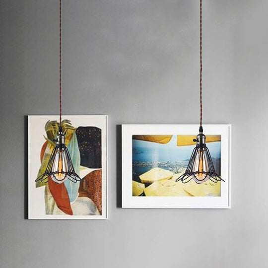 Industrial Black Metal Pendant Lighting With Open Cage Design - Rustic 1 Bulb Hanging Light For