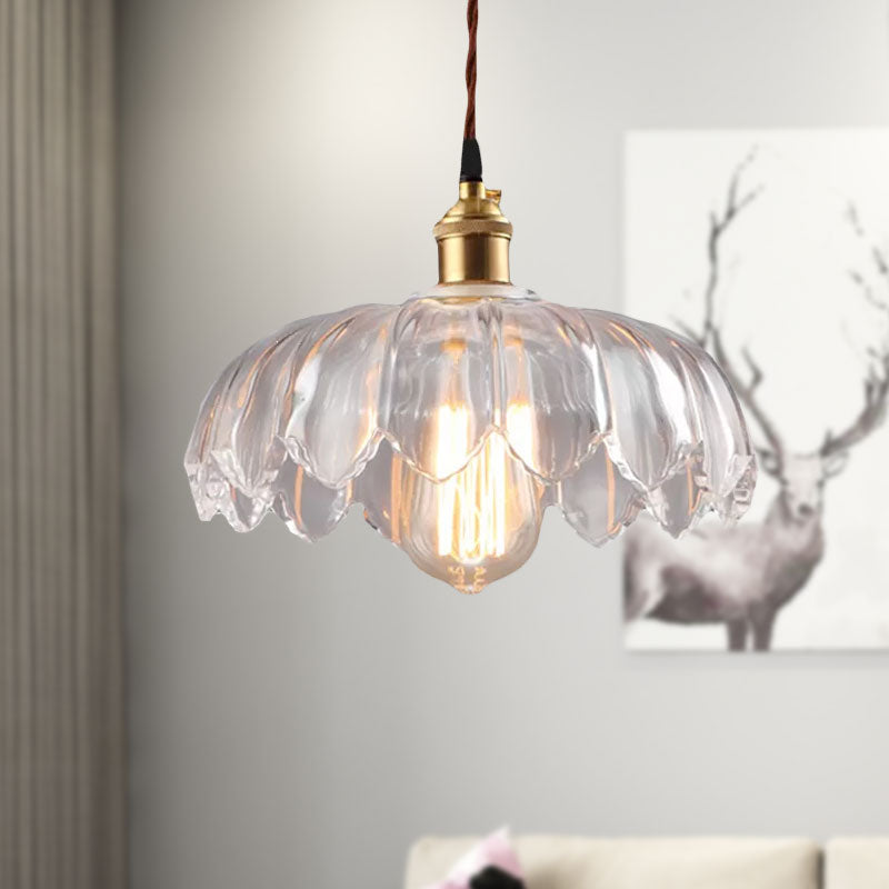 Scalloped Shade Clear Glass Pendant Lighting - Single Bulb Industrial Ceiling Light For Living Room