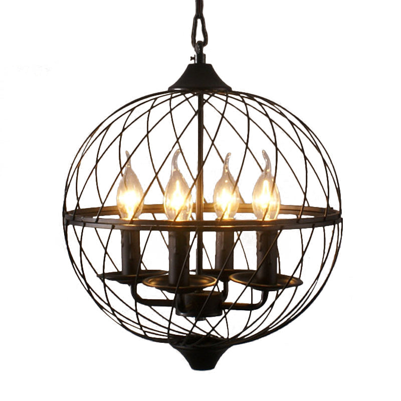 Iron Black Chandelier With Mesh Shade - 4-Bulb Industrial Ceiling Light For Dining Room