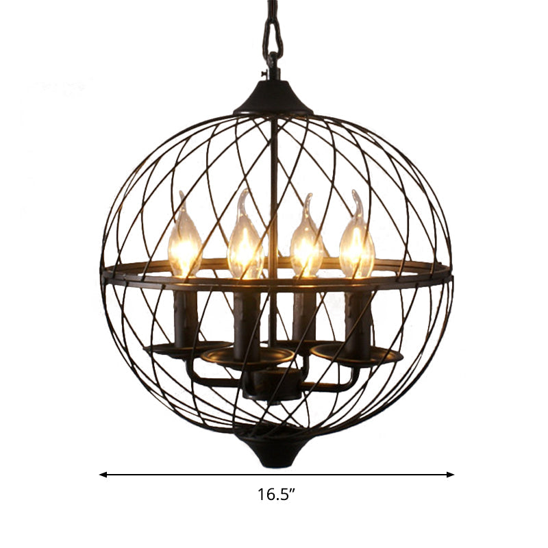 Iron Black Chandelier With Mesh Shade - 4-Bulb Industrial Ceiling Light For Dining Room