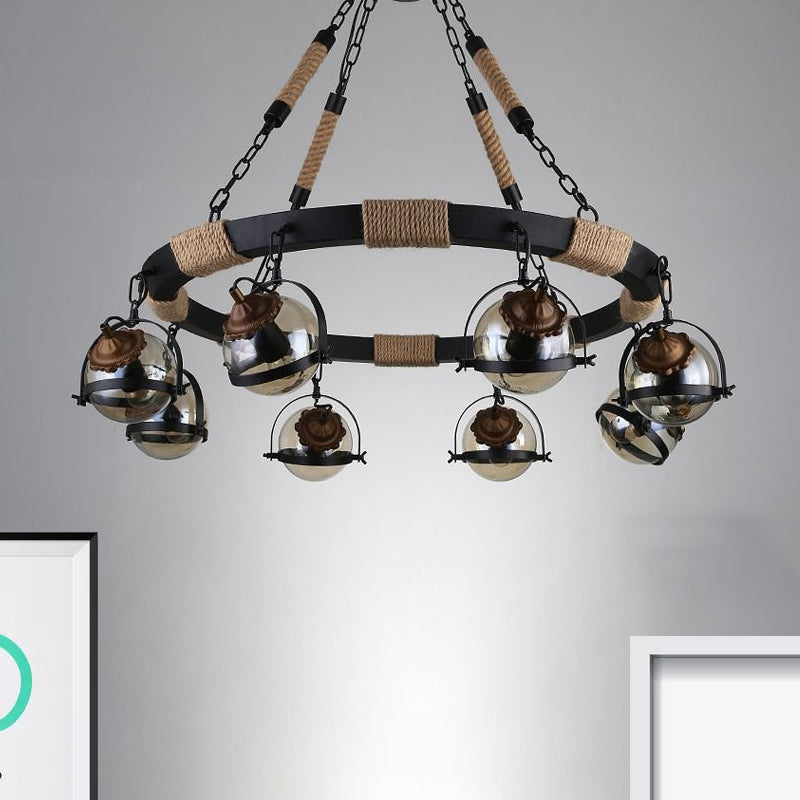 Farmhouse Globe Chandelier Lamp With Amber Glass Shade In Black For Restaurant - 6/8 Lights Rope