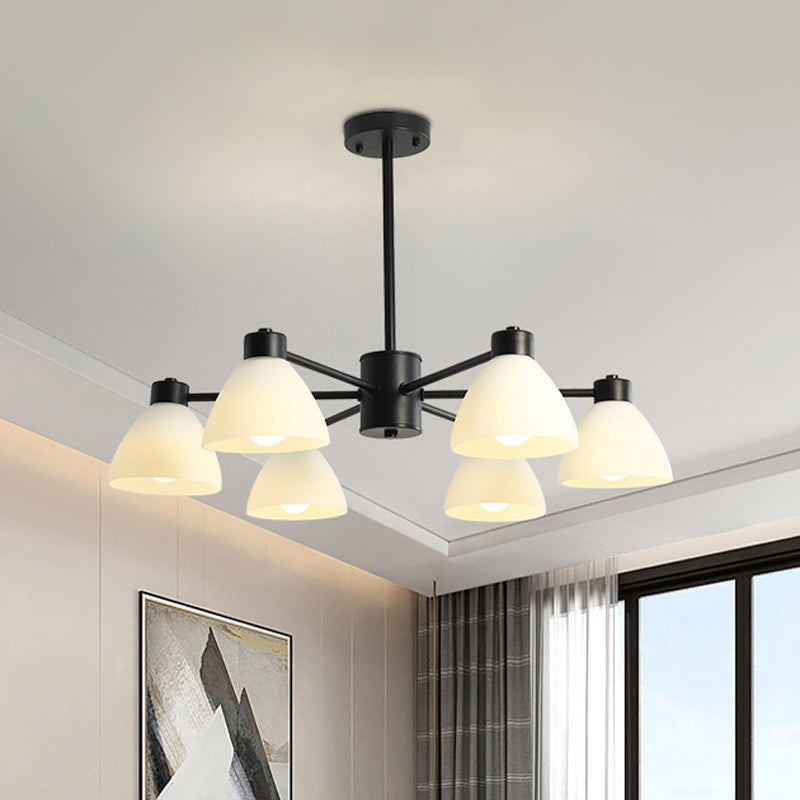 Modern Black Chandelier Lamp - 6/8/12-Head Dining Room Suspension Light With Dome White Glass Shade