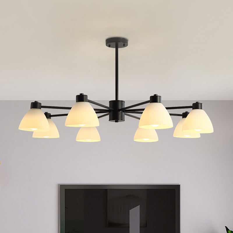 Modern Black Chandelier Lamp - 6/8/12-Head Dining Room Suspension Light With Dome White Glass Shade