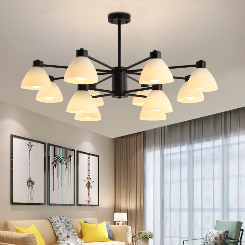 Modern Black Chandelier Lamp - 6/8/12-Head Dining Room Suspension Light With Dome White Glass Shade