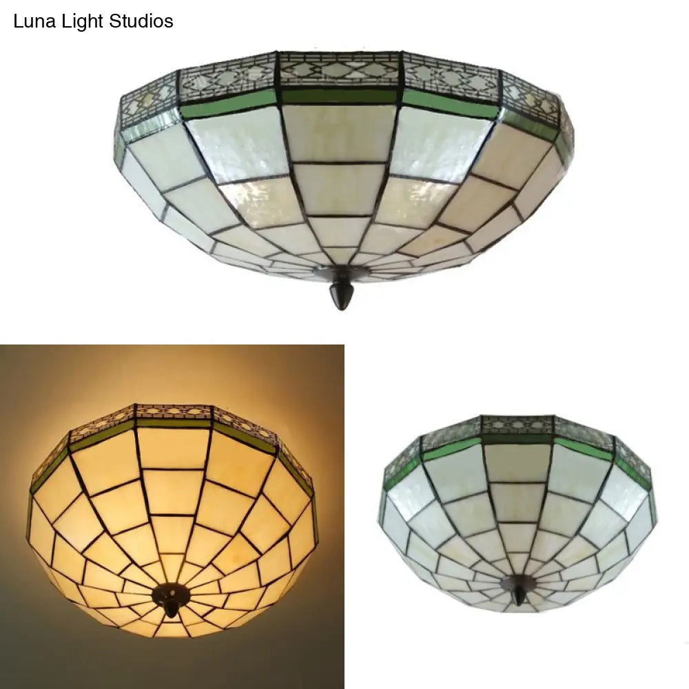 8’/10’ W Tiffany Flush Mount Ceiling Light With 3-Light Fixture In Beige Art Glass Dome Shade -