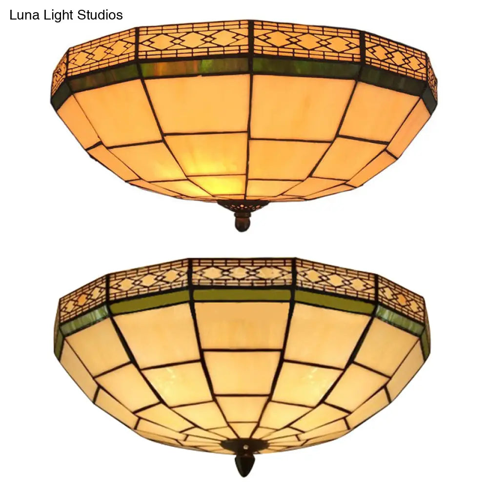 8’/10’ W Tiffany Flush Mount Ceiling Light With 3-Light Fixture In Beige Art Glass Dome Shade -