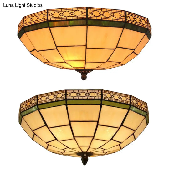 8’/10’ W Tiffany Flush Mount Ceiling Light With 3-Light Fixture In Beige Art Glass Dome Shade -