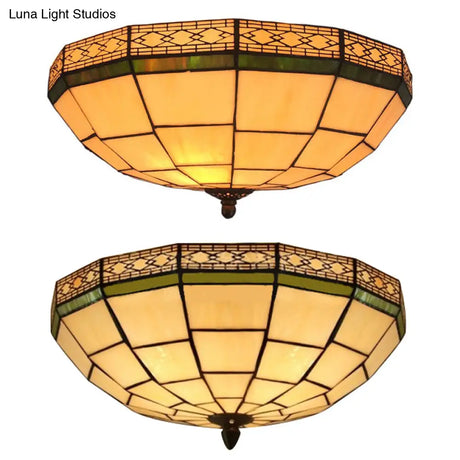 8’/10’ W Tiffany Flush Mount Ceiling Light With 3-Light Fixture In Beige Art Glass Dome Shade -