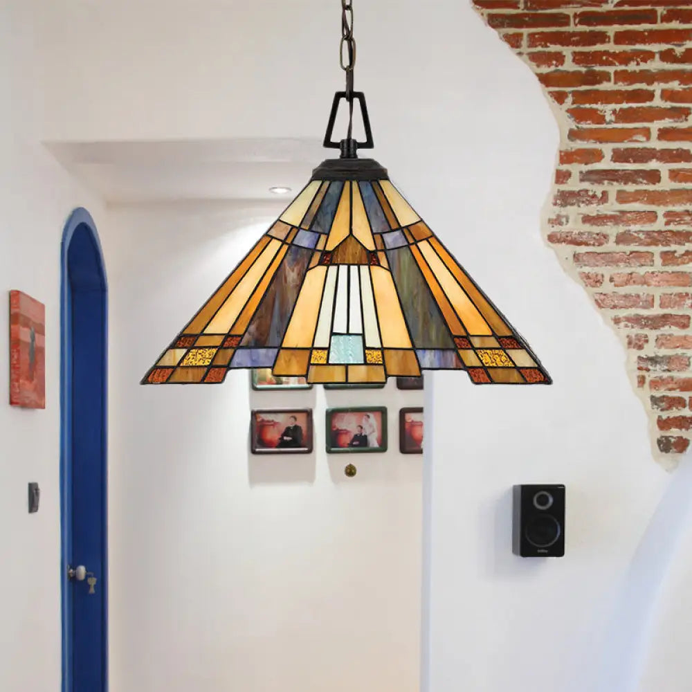 8’/12’/16’ Wide Tapered Tiffany Stained Glass Pendant Lamp With Amber Bulb For Bedroom / 16’