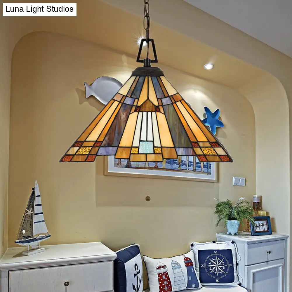 Tiffany Stained Glass Pendant Lamp - 8/12/16 Wide Tapered Design 1 Bulb Amber Glow For Bedroom / 8