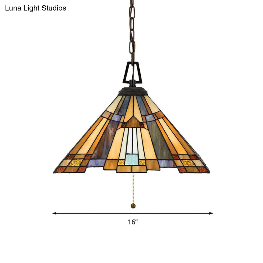 Tiffany Stained Glass Pendant Lamp - 8/12/16 Wide Tapered Design 1 Bulb Amber Glow For Bedroom