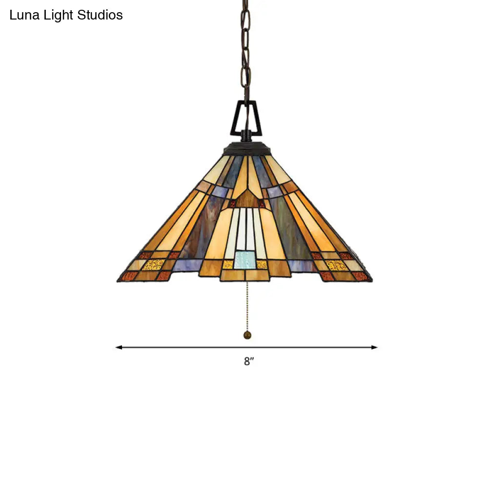 Tiffany Stained Glass Pendant Lamp - 8/12/16 Wide Tapered Design 1 Bulb Amber Glow For Bedroom