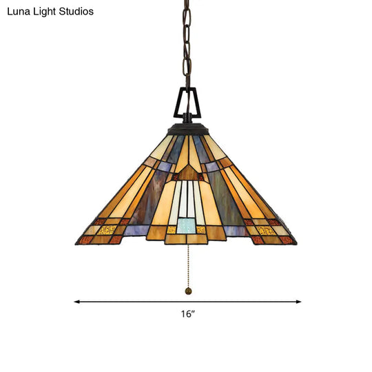 8’/12’/16’ Wide Tapered Tiffany Stained Glass Pendant Lamp With Amber Bulb For Bedroom