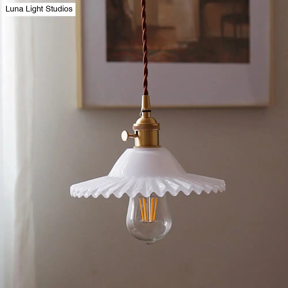8.66 Industrial Brass Pendant Light With Scalloped Glass Shade For Coffee Shop